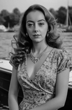 Jasmine Mitchell standing next to her father's sail boat, wearing a floral dress.